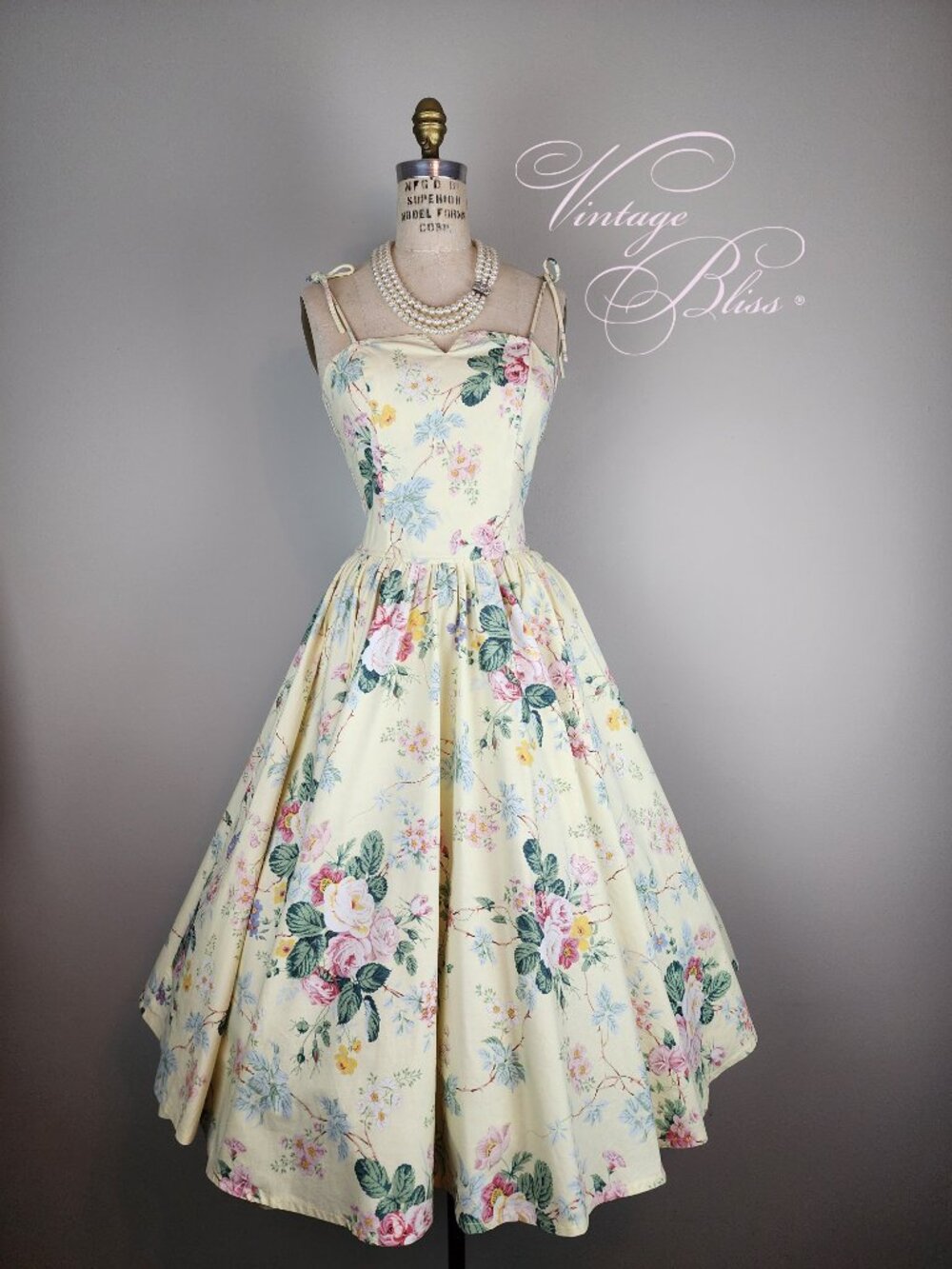 Vintage 1980's Pale Yellow Floral Garden Party Spring Summer 100% Cotton Dress S